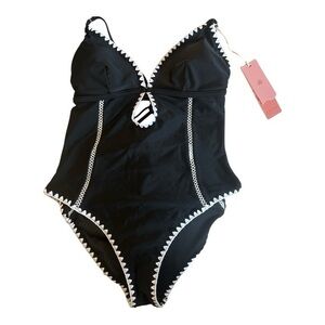 Amiani black + white one piece swimsuit bathing suit neutral classic Large NWT